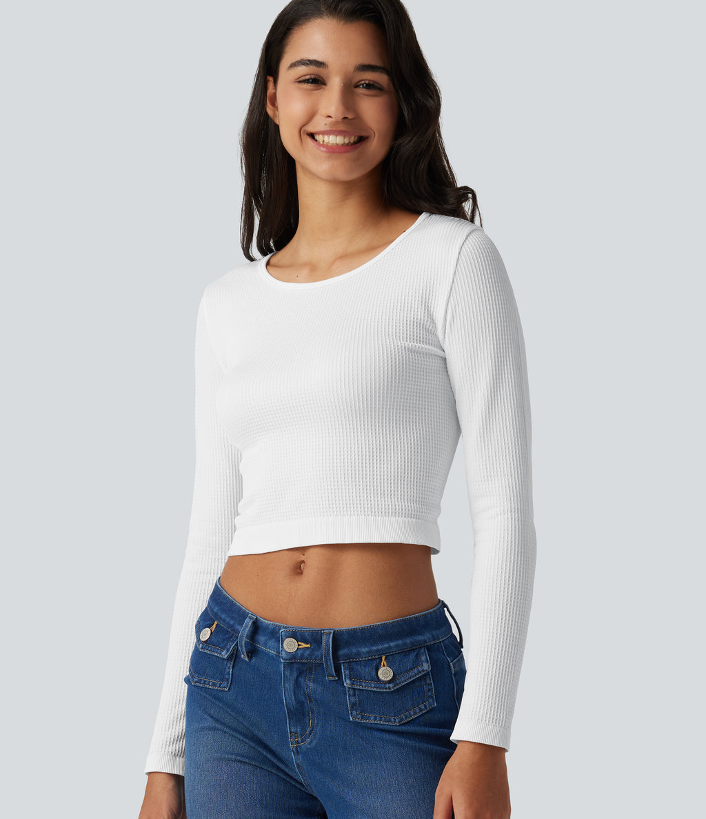 Seamless Flow Round Neck Long Sleeve Waffle Casual Top — White — view 1