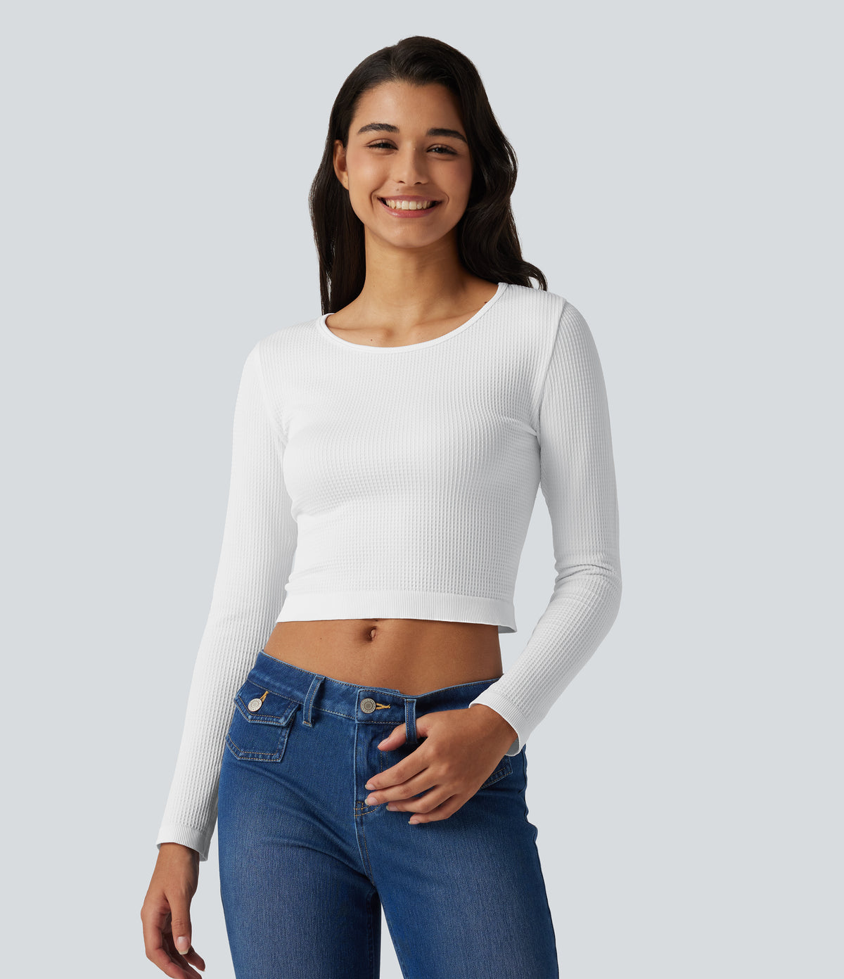 Seamless Flow Round Neck Long Sleeve Waffle Casual Top — White — view 4