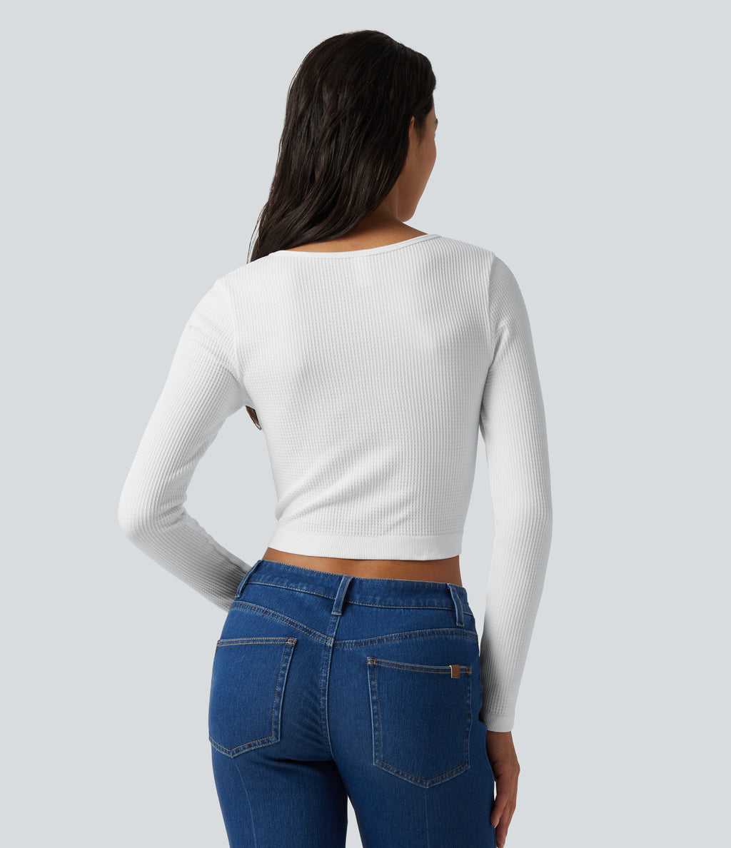 Seamless Flow Round Neck Long Sleeve Waffle Casual Top — White — view 2