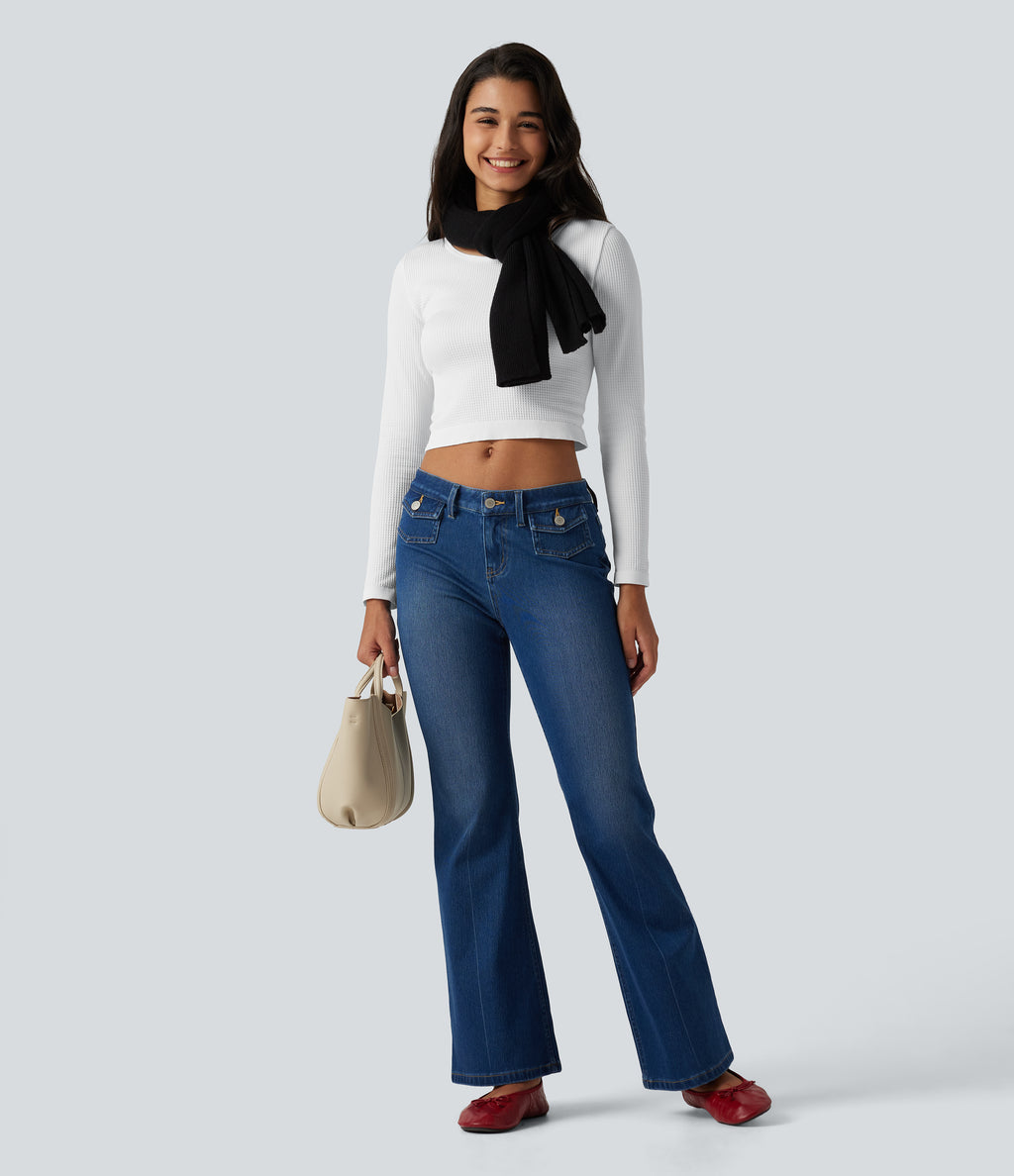 Seamless Flow Round Neck Long Sleeve Waffle Casual Top — White — view 6