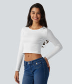 Seamless Flow Round Neck Long Sleeve Waffle Casual Top — White — view 3