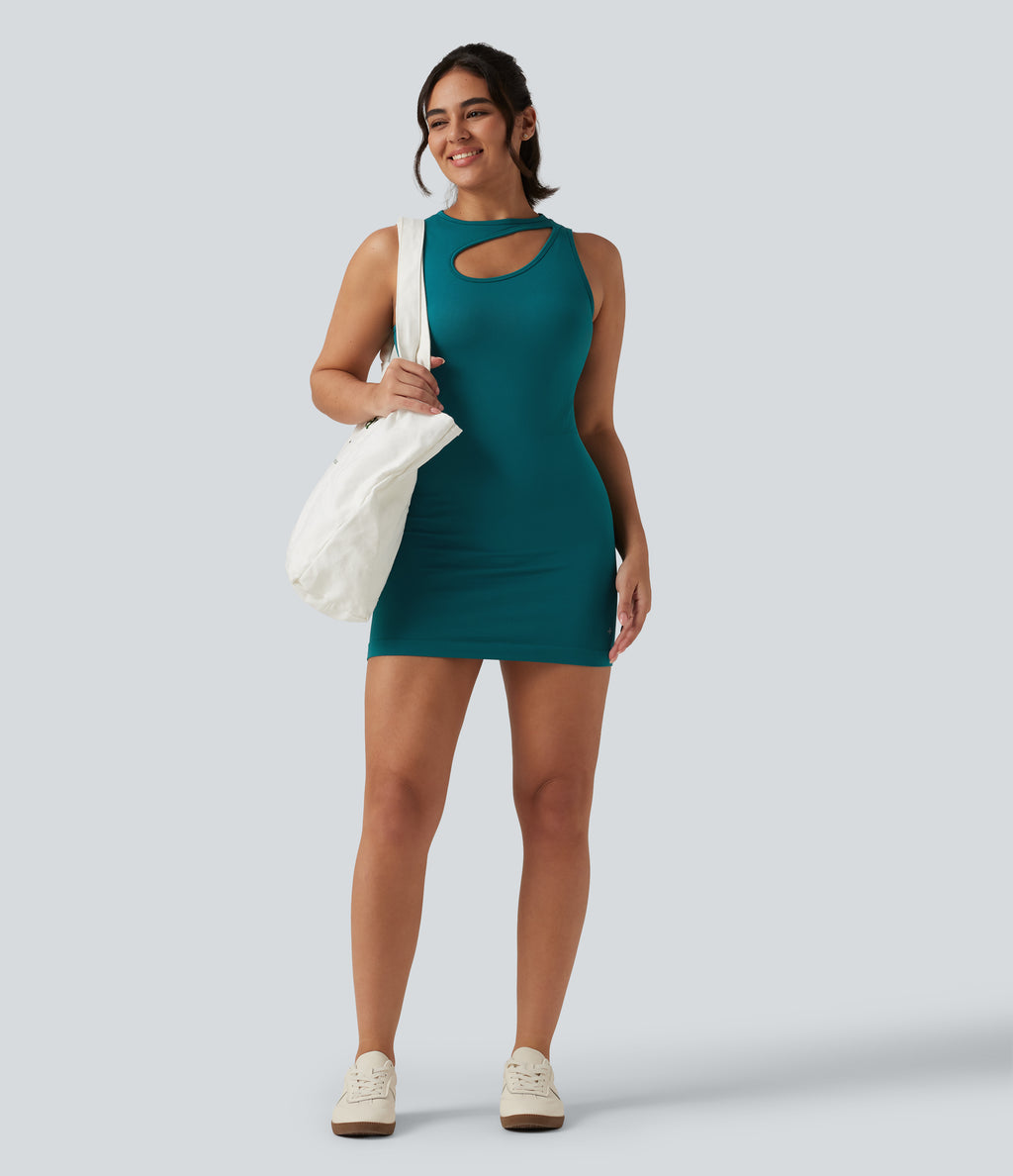 Seamless Flow Notched Mini Yoga Tank Dress with Built-In Bra — Deep Lake — view 7