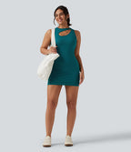 Seamless Flow Notched Mini Yoga Tank Dress with Built-In Bra — Deep Lake — view 7