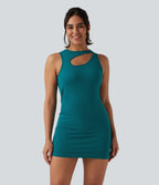 Seamless Flow Notched Mini Yoga Tank Dress with Built-In Bra — Deep Lake — view 3