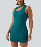 Seamless Flow Notched Mini Yoga Tank Dress with Built-In Bra — Deep Lake — view 4