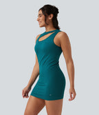 Seamless Flow Notched Mini Yoga Tank Dress with Built-In Bra — Deep Lake — view 2