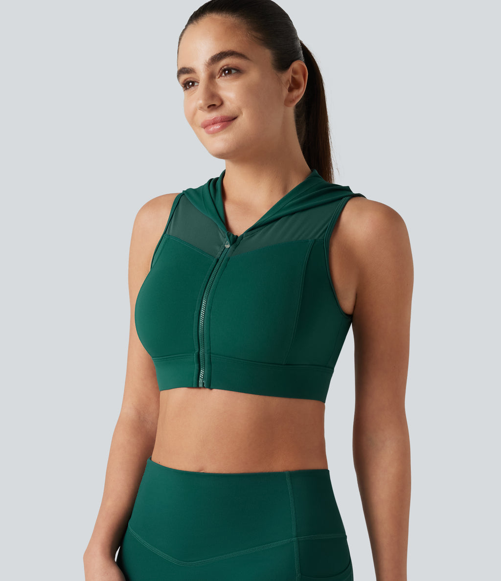 Medium Support Hooded Zipper Breathable Mesh Cut-out Non-Removable Pad Running Sports Bra — June Bug — view 7