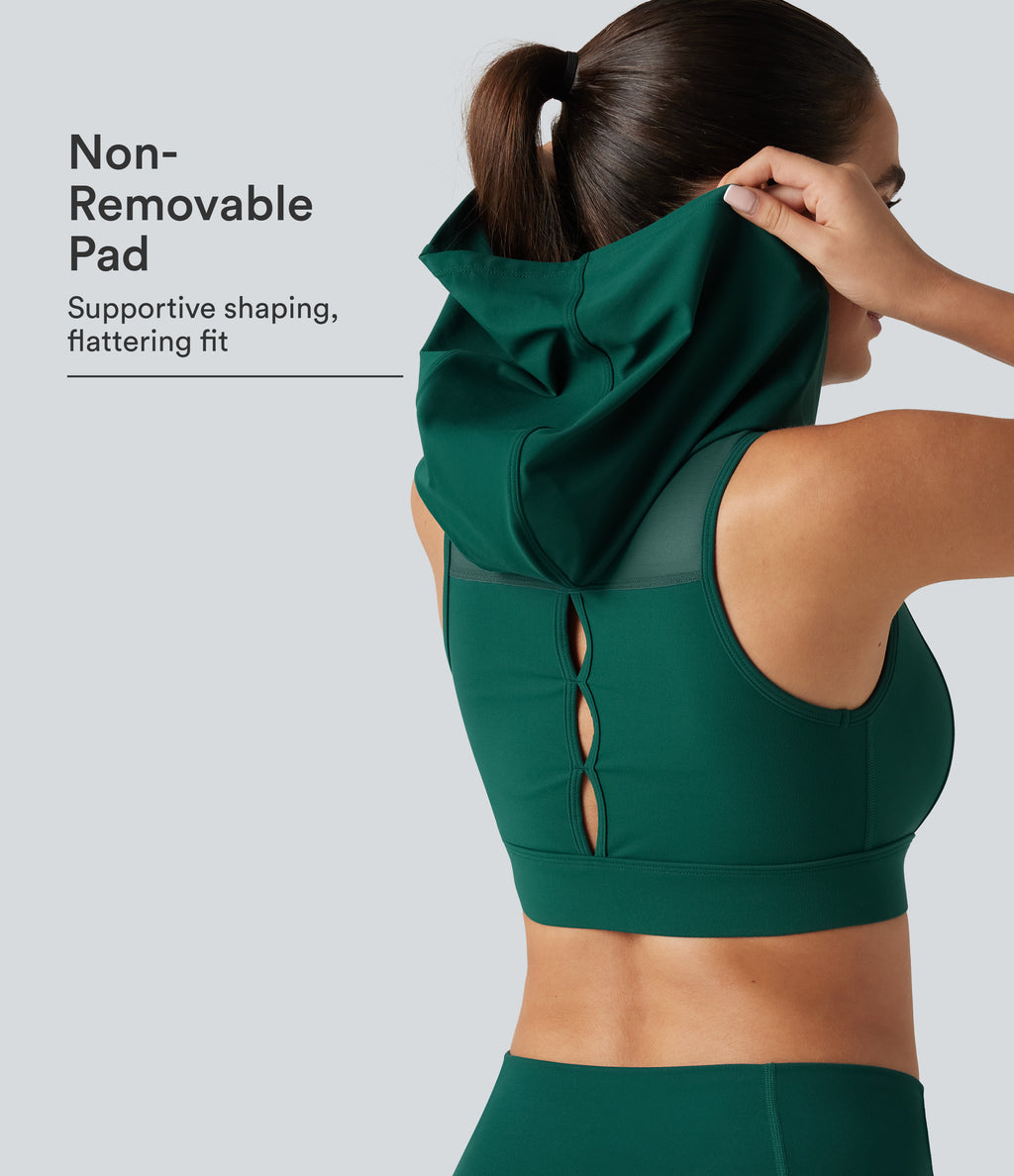 Medium Support Hooded Zipper Breathable Mesh Cut-out Non-Removable Pad Running Sports Bra — June Bug — view 1
