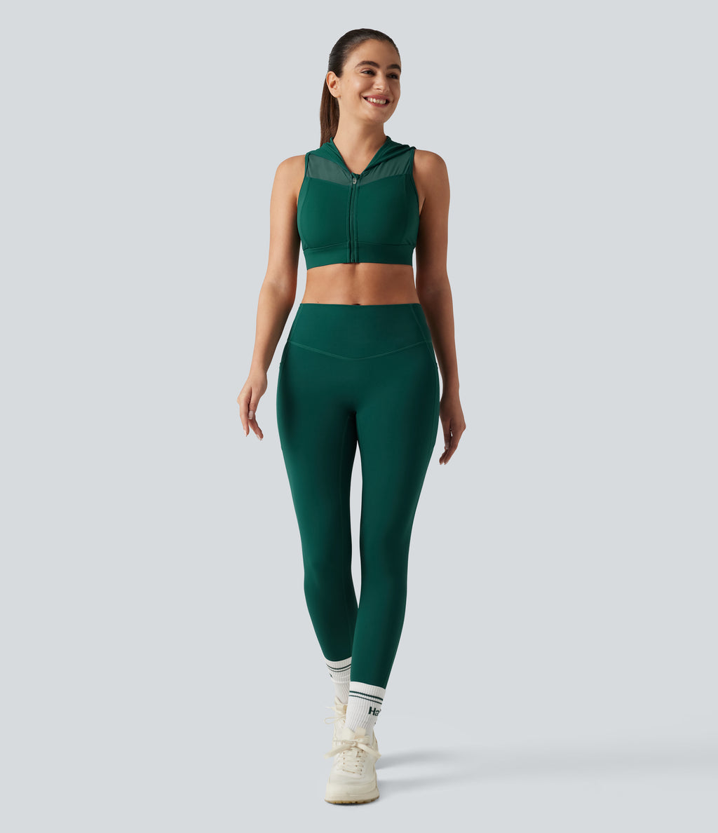 Medium Support Hooded Zipper Breathable Mesh Cut-out Non-Removable Pad Running Sports Bra — June Bug — view 8