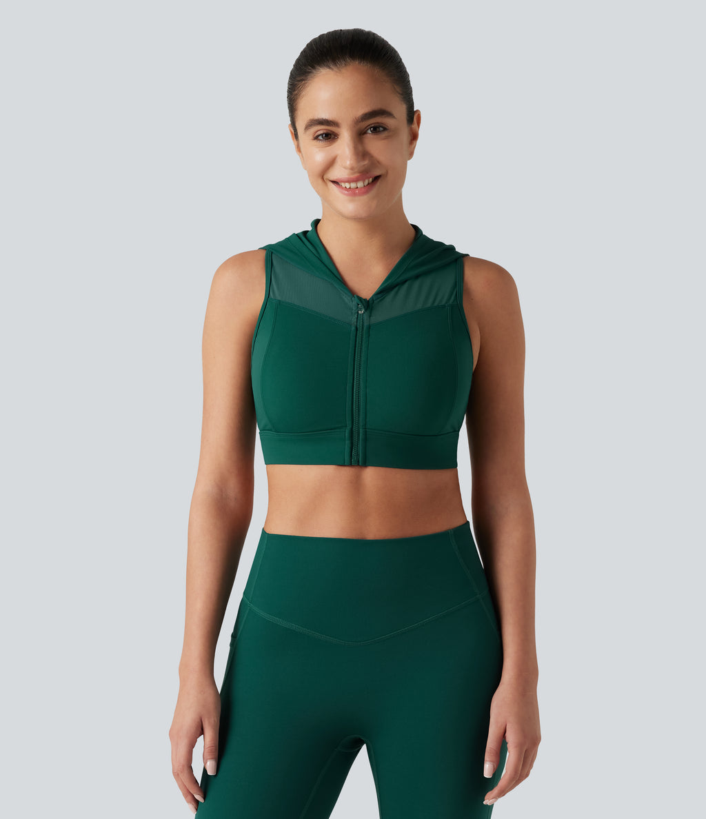 Medium Support Hooded Zipper Breathable Mesh Cut-out Non-Removable Pad Running Sports Bra — June Bug — view 2