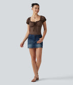 Square Neck Tie Front Frill Trim Ruched Casual Top — Chestnut — view 6
