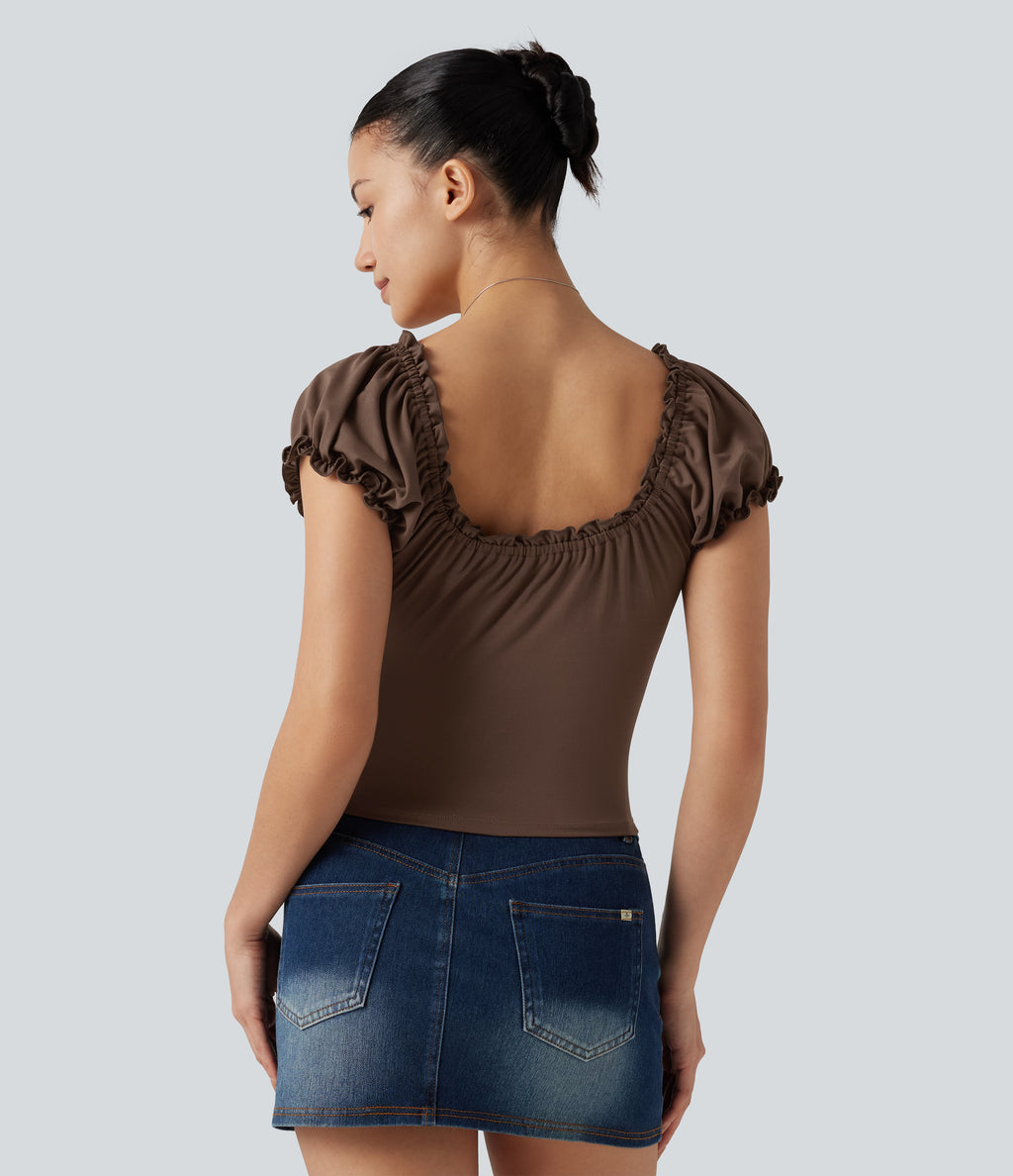 Square Neck Tie Front Frill Trim Ruched Casual Top — Chestnut — view 2