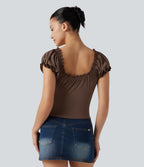 Square Neck Tie Front Frill Trim Ruched Casual Top — Chestnut — view 2