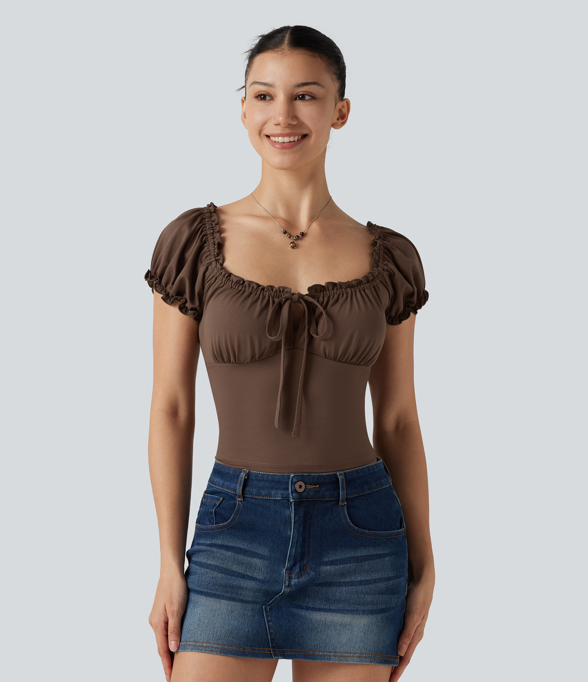 Square Neck Tie Front Frill Trim Ruched Casual Top — Chestnut — view 4