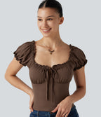 Square Neck Tie Front Frill Trim Ruched Casual Top — Chestnut — view 1