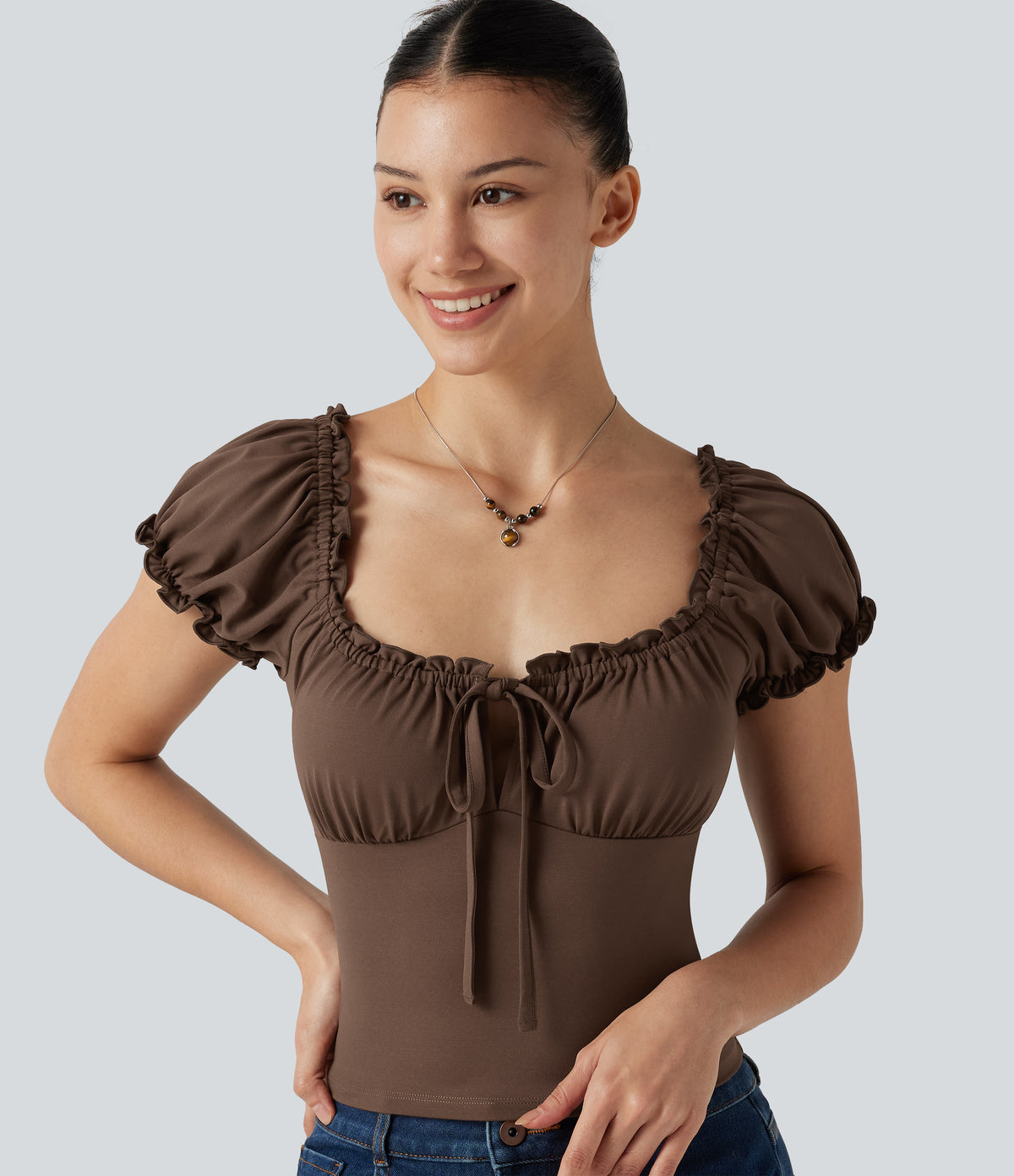 Square Neck Tie Front Frill Trim Ruched Casual Top — Chestnut — view 1