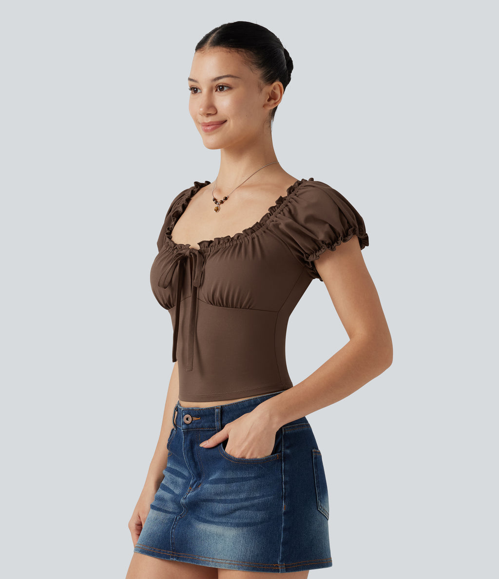 Square Neck Tie Front Frill Trim Ruched Casual Top — Chestnut — view 3