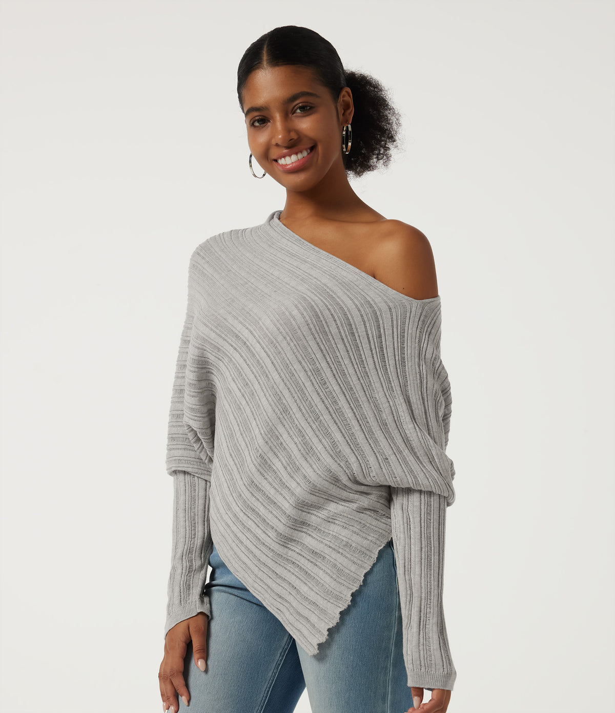 One Shoulder Long Sleeve Asymmetric Casual Jumper — Cumulus Cloud — view 3