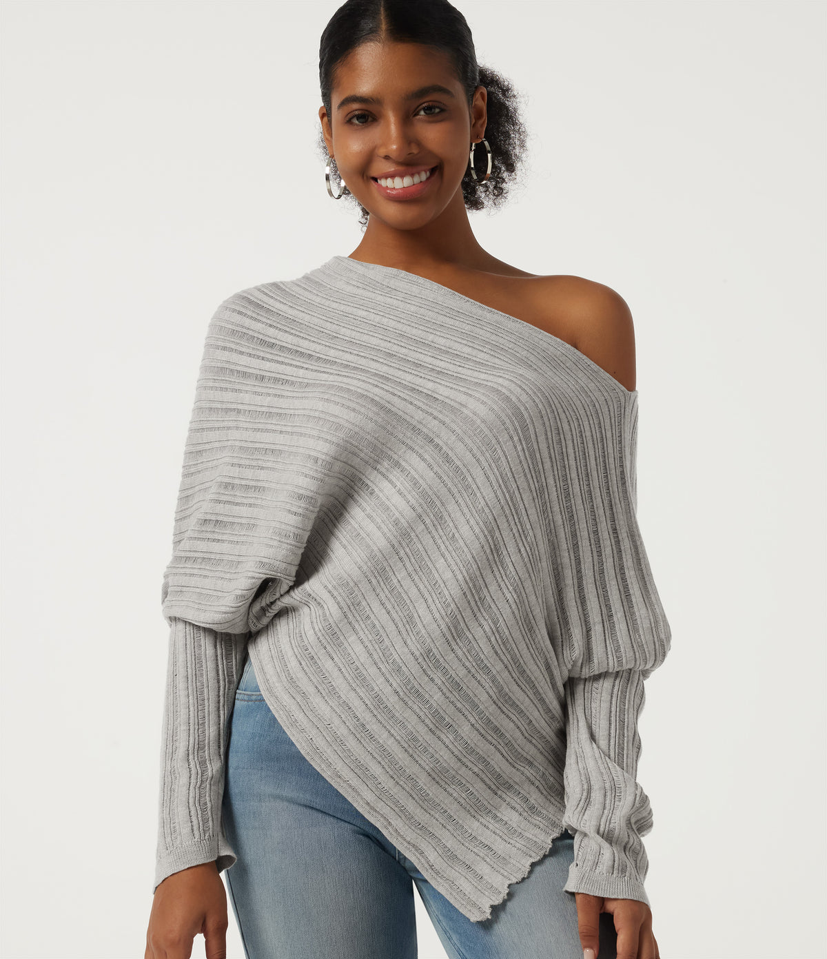 One Shoulder Long Sleeve Asymmetric Casual Jumper — Cumulus Cloud — view 1