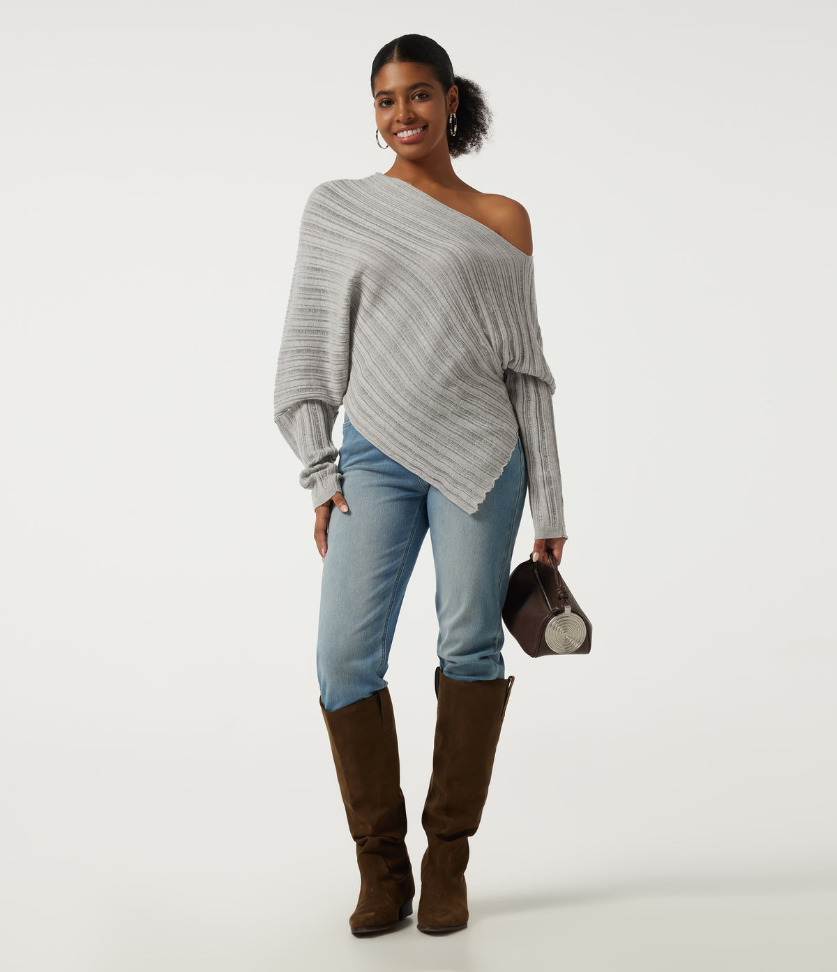 One Shoulder Long Sleeve Asymmetric Casual Jumper — Cumulus Cloud — view 6