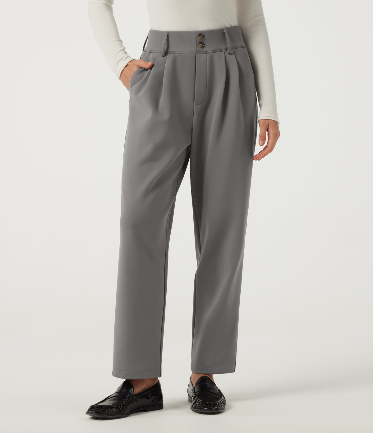 High Waisted Tapered Fleece Work Trousers with Pockets — Silent Storm — view 3