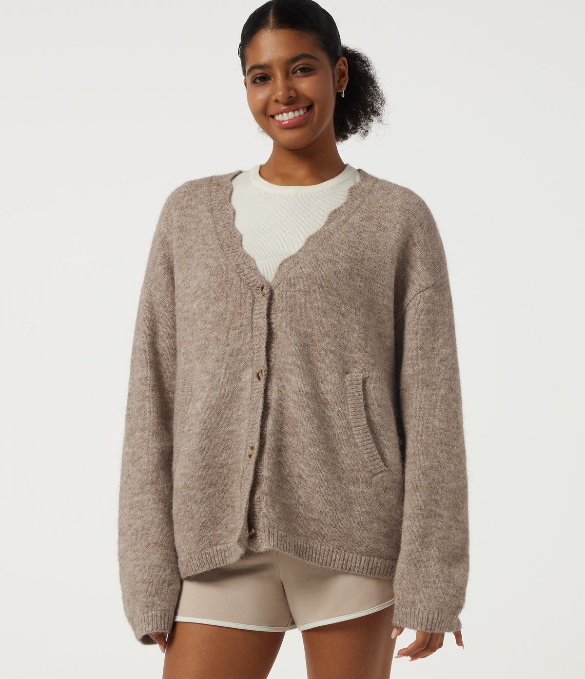 V Neck Long Sleeve Casual Cardigan with Pockets — Greige — view 1