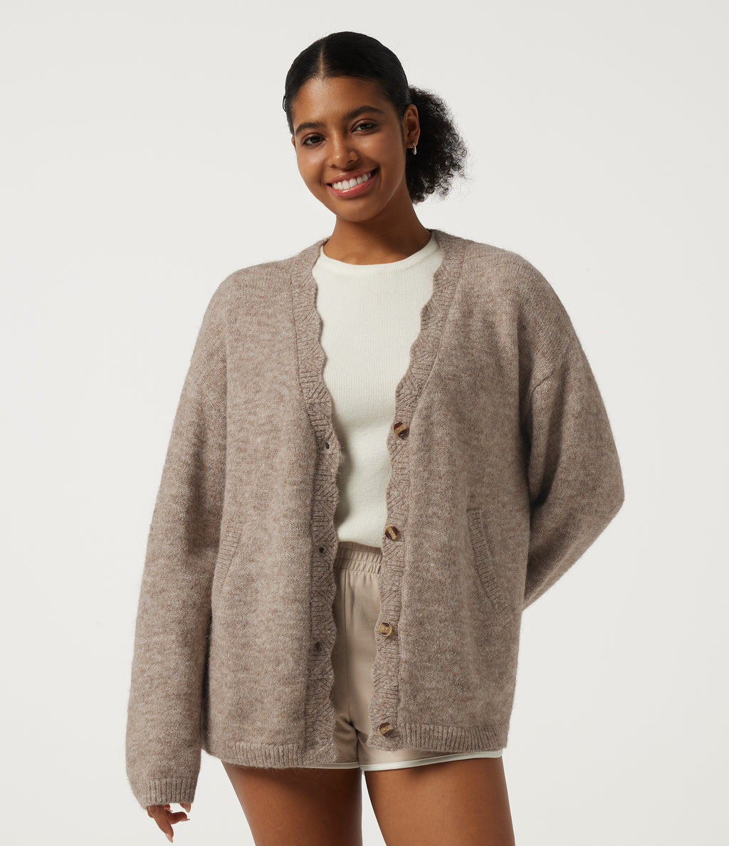V Neck Long Sleeve Casual Cardigan with Pockets — Greige — view 4