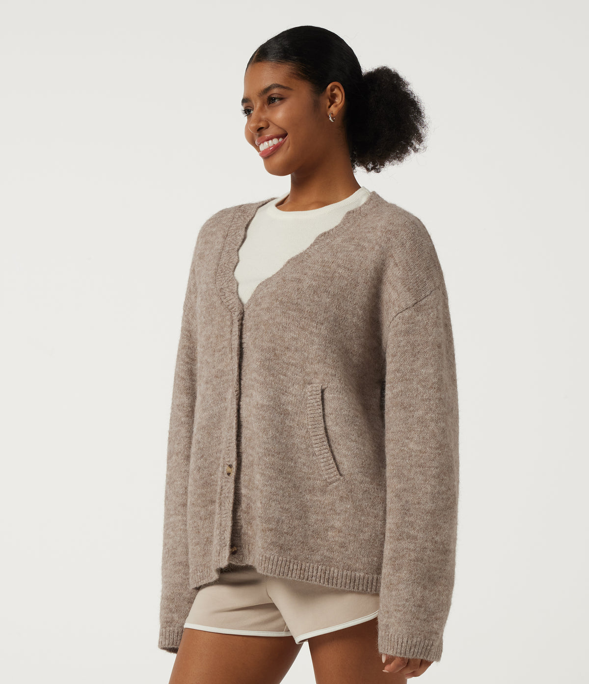 V Neck Long Sleeve Casual Cardigan with Pockets — Greige — view 3