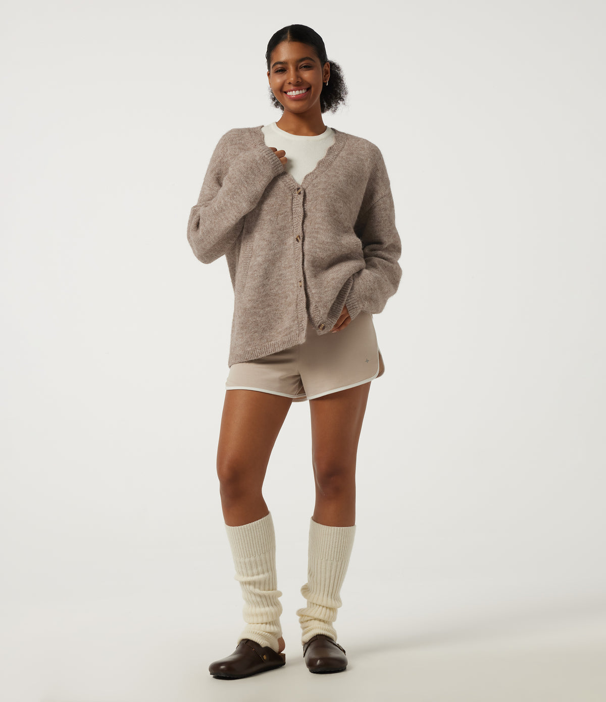V Neck Long Sleeve Casual Cardigan with Pockets — Greige — view 6