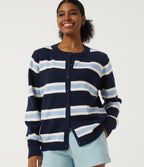 Round Neck Long Sleeve Stripe Casual Cardigan — Nightfall Blue — view 1