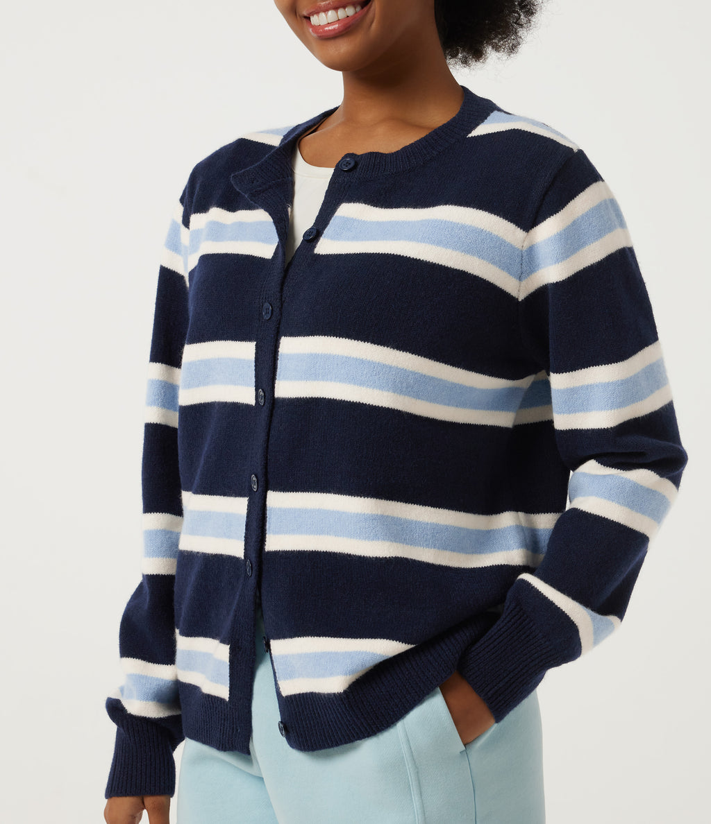Round Neck Long Sleeve Stripe Casual Cardigan — Nightfall Blue — view 5