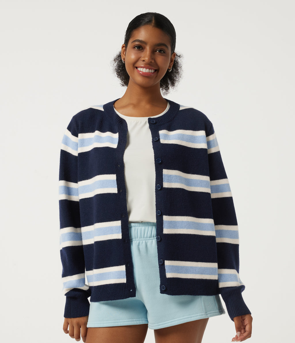Round Neck Long Sleeve Stripe Casual Cardigan — Nightfall Blue — view 4