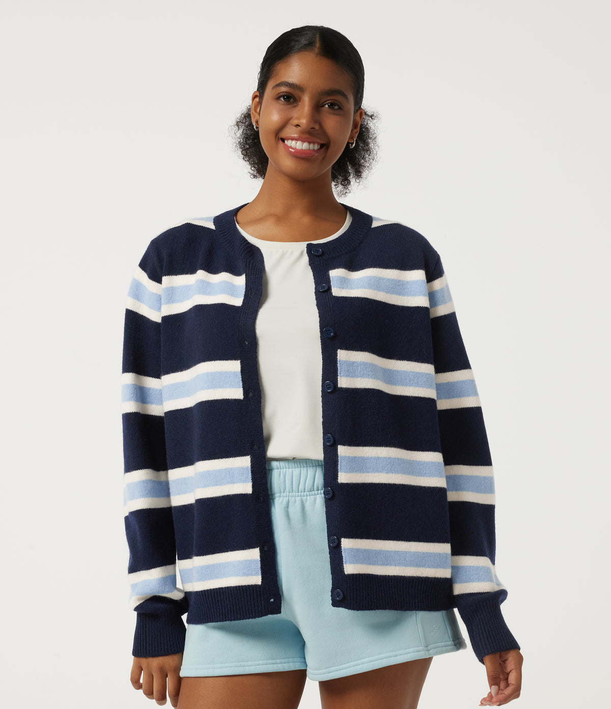 Round Neck Long Sleeve Stripe Casual Cardigan — Nightfall Blue — view 4