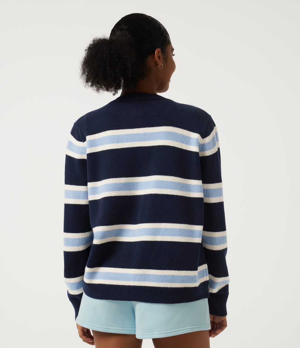 Round Neck Long Sleeve Stripe Casual Cardigan — Nightfall Blue — view 2