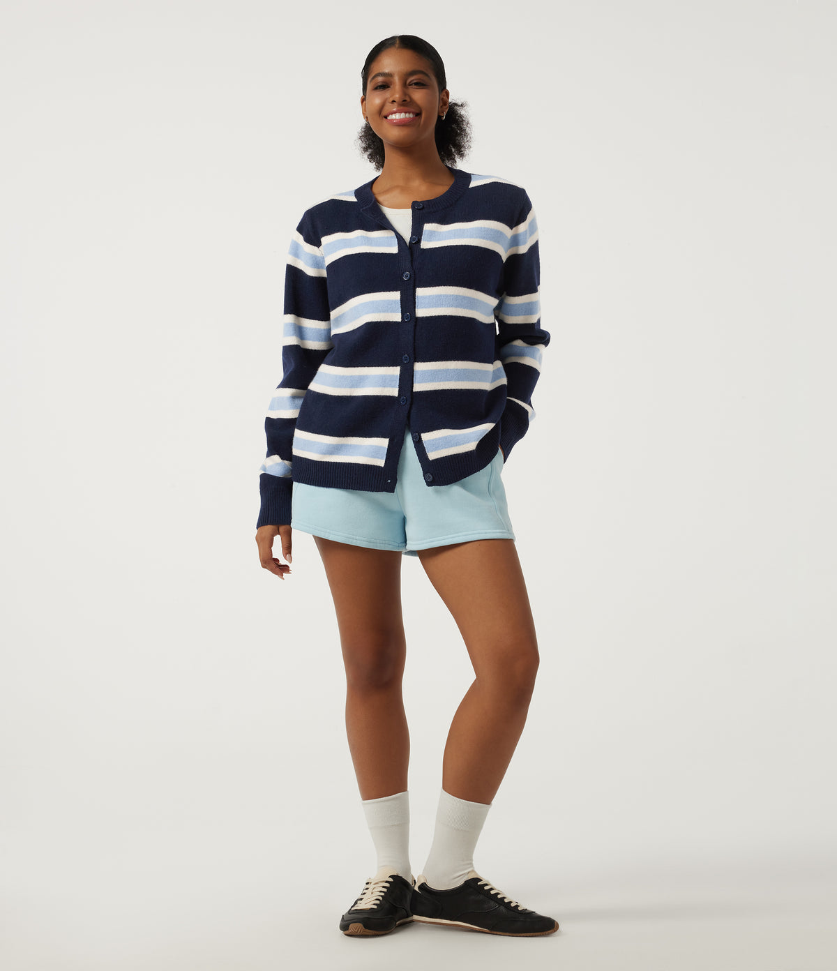Round Neck Long Sleeve Stripe Casual Cardigan — Nightfall Blue — view 6