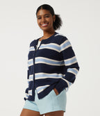 Round Neck Long Sleeve Stripe Casual Cardigan — Nightfall Blue — view 3