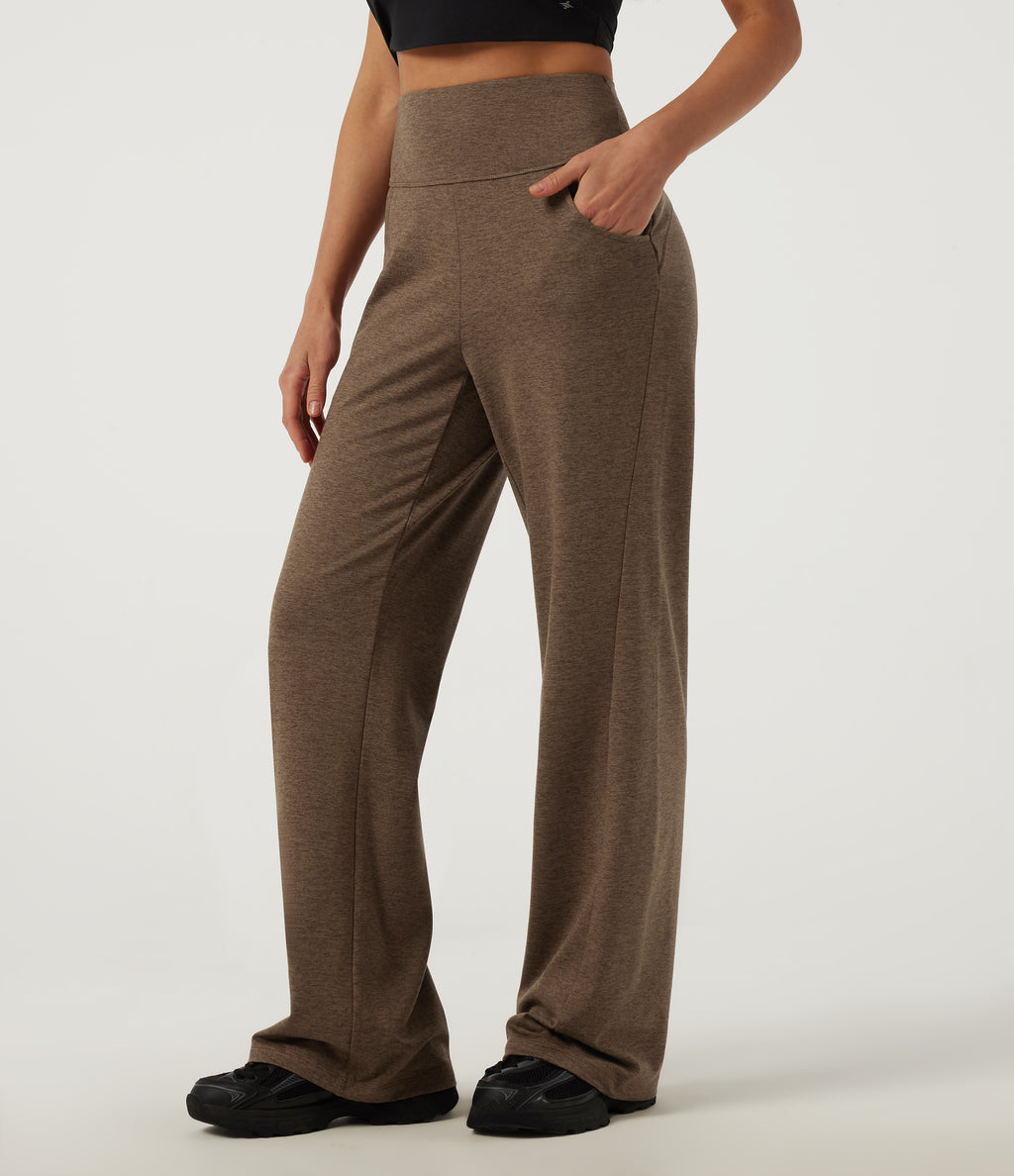 High Waisted Bootcut Tie Back Quick Dry Fleece Casual Trousers with Pockets — Claystone — view 1