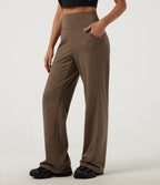 High Waisted Bootcut Tie Back Quick Dry Fleece Casual Trousers with Pockets — Claystone — view 1