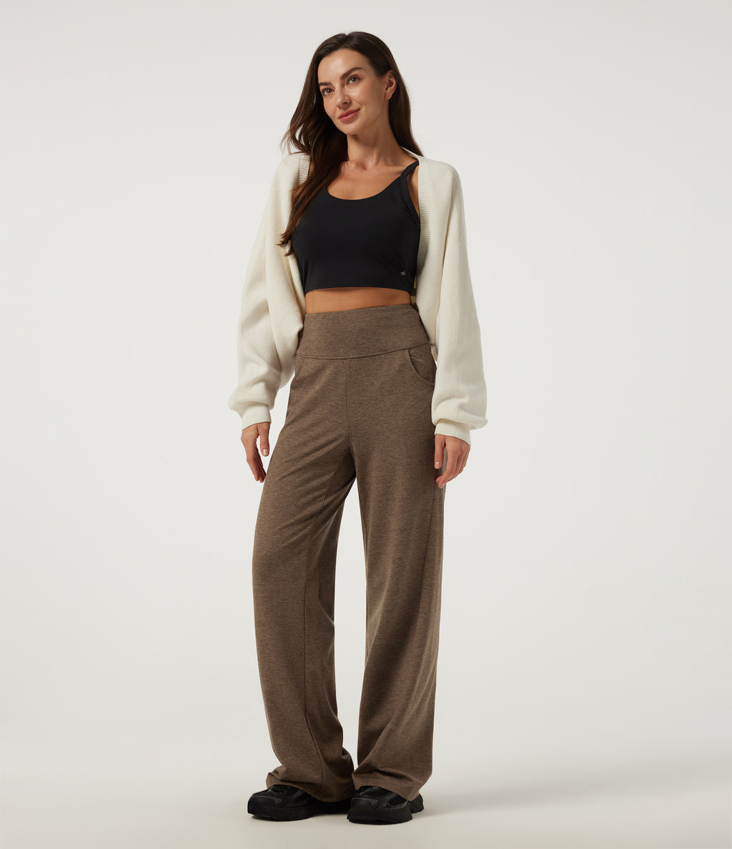 High Waisted Bootcut Tie Back Quick Dry Fleece Casual Trousers with Pockets — Claystone — view 7