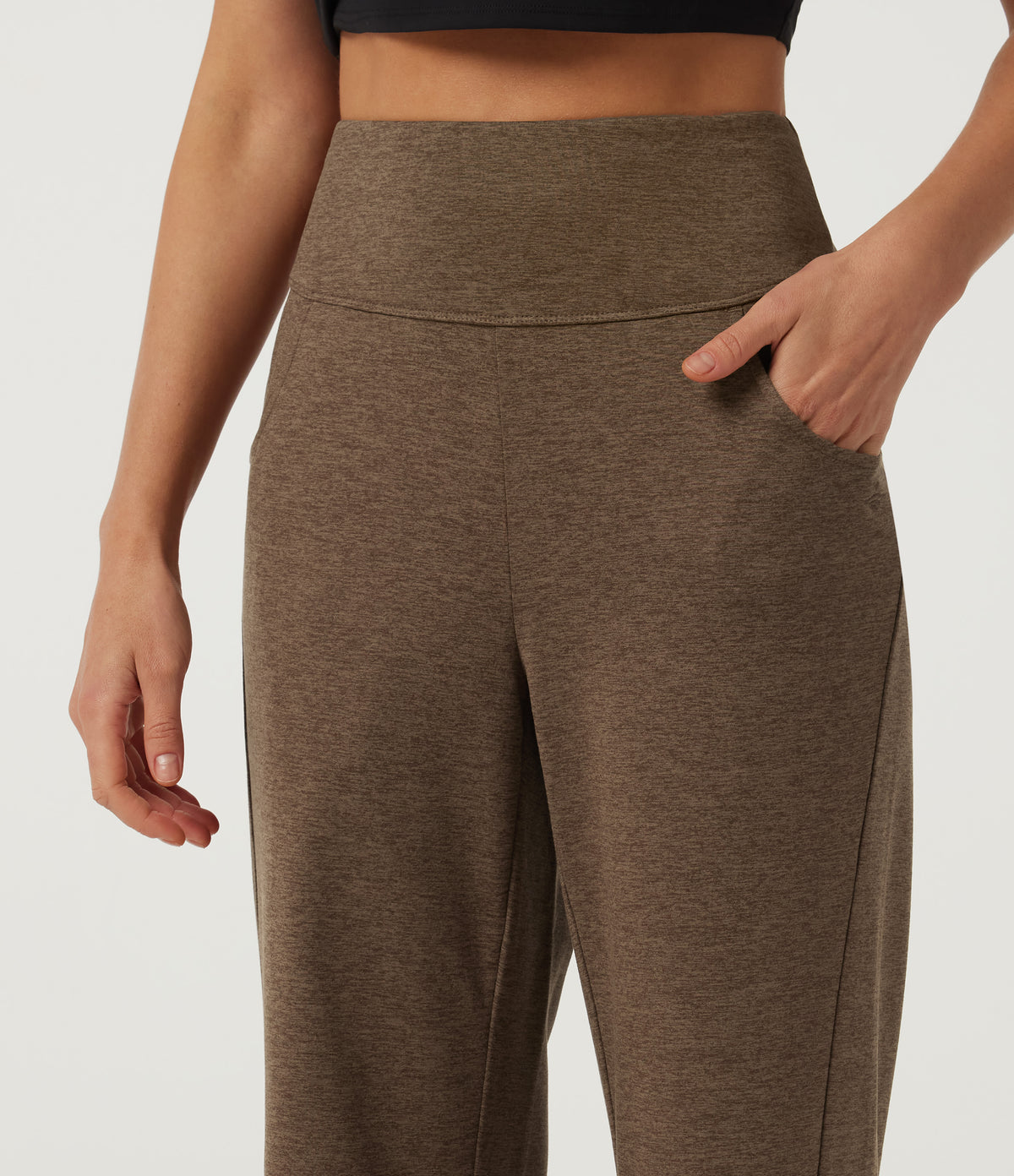 High Waisted Bootcut Tie Back Quick Dry Fleece Casual Trousers with Pockets — Claystone — view 4
