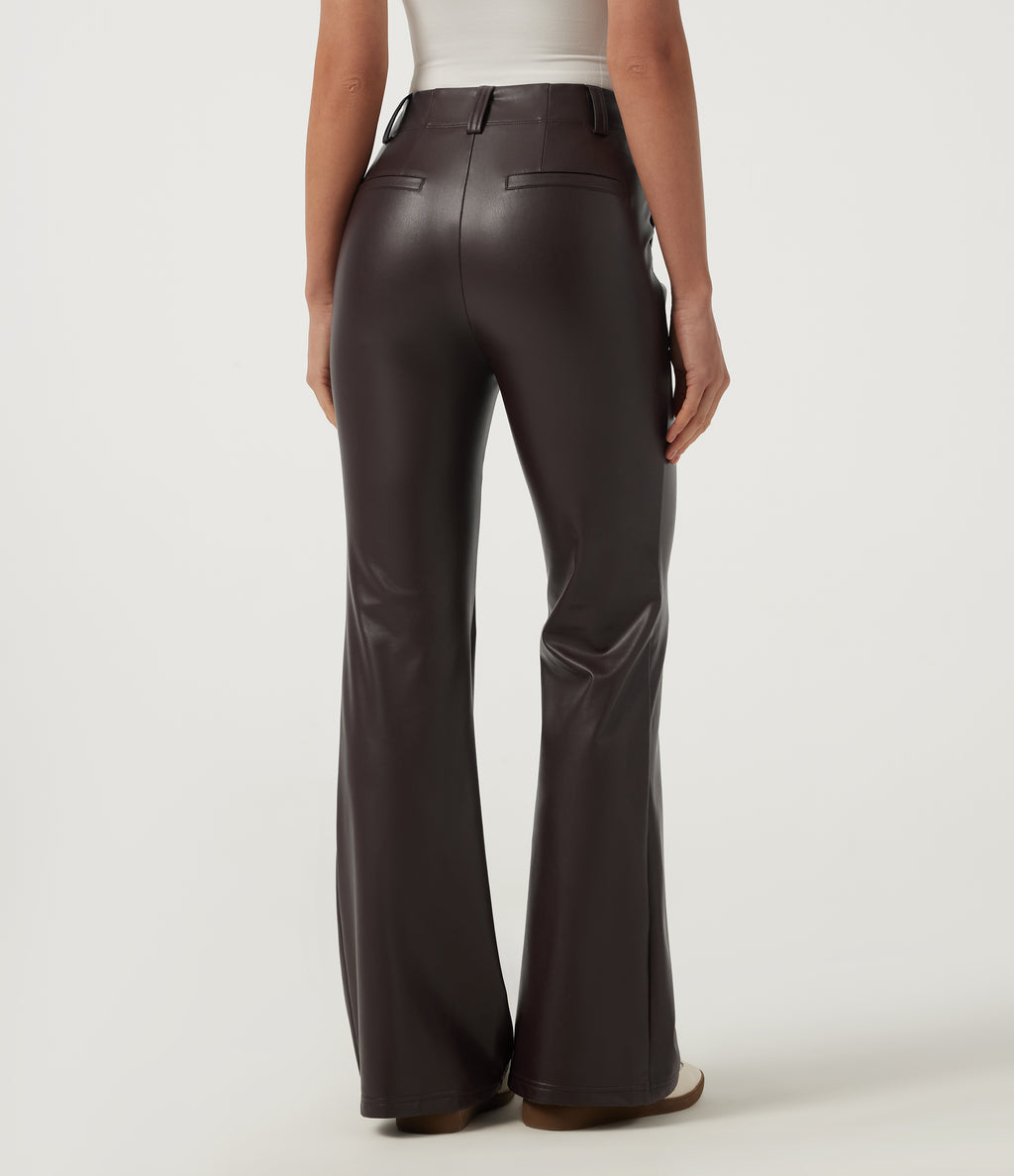 Mid Rise Flare Stretchy PU Fleece Casual Trousers with Pockets — Hot Fudge — view 2
