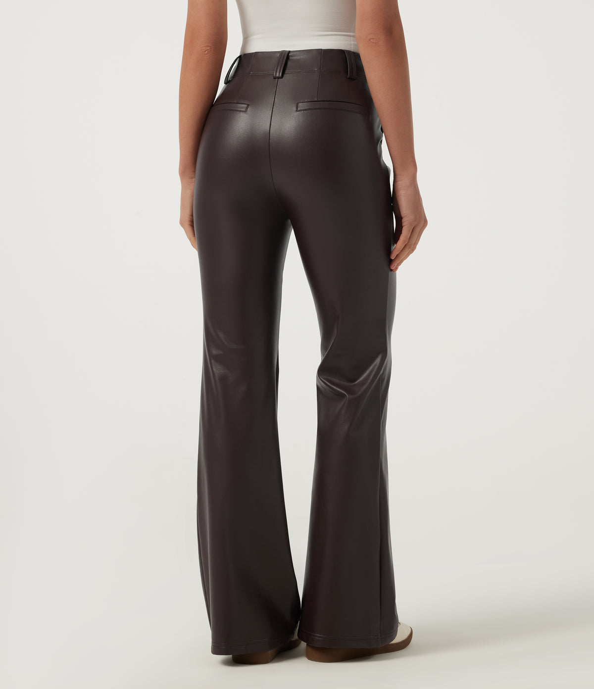 Mid Rise Flare Stretchy PU Fleece Casual Trousers with Pockets — Hot Fudge — view 2