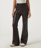 Mid Rise Flare Stretchy PU Fleece Casual Trousers with Pockets — Hot Fudge — view 1