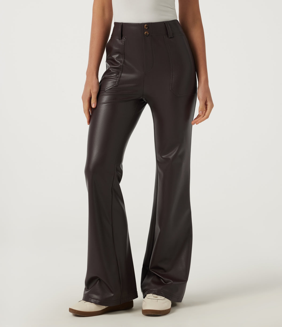 Mid Rise Flare Stretchy PU Fleece Casual Trousers with Pockets — Hot Fudge — view 1