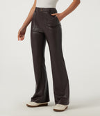 Mid Rise Flare Stretchy PU Fleece Casual Trousers with Pockets — Hot Fudge — view 3