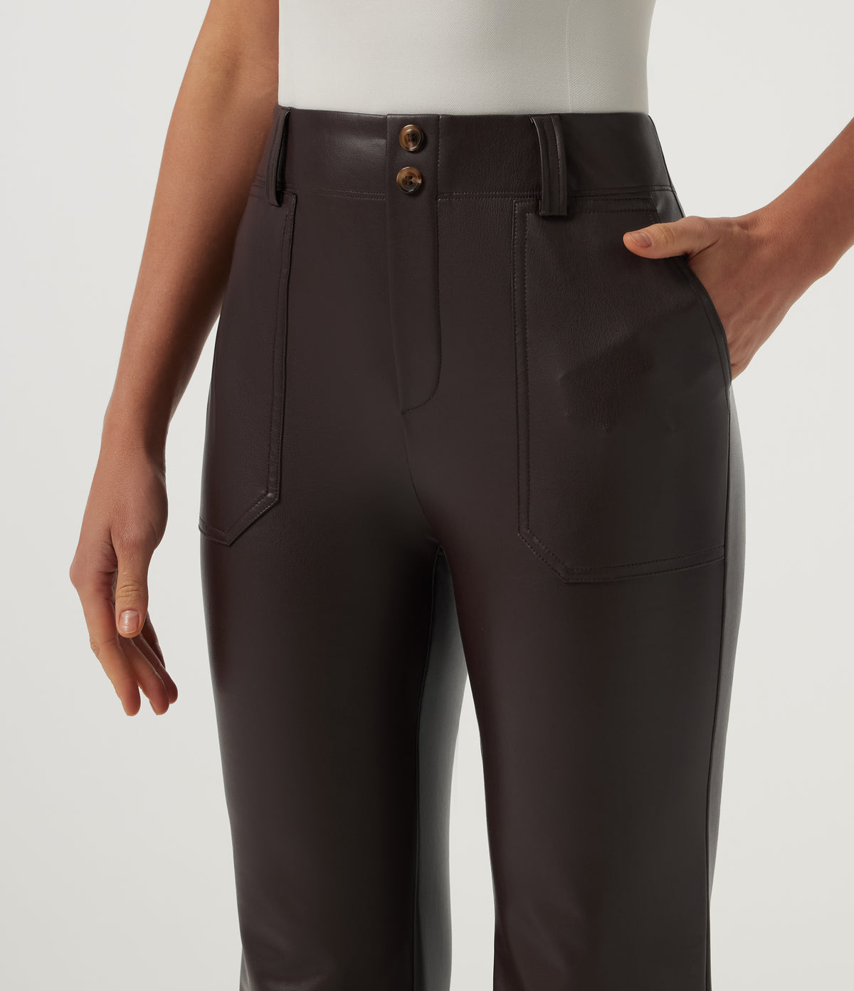 Mid Rise Flare Stretchy PU Fleece Casual Trousers with Pockets — Hot Fudge — view 4