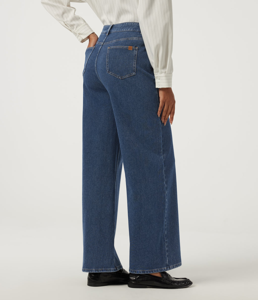 High Waisted Wide Leg Casual Jeans with Pockets — Estate Blue Denim — view 2