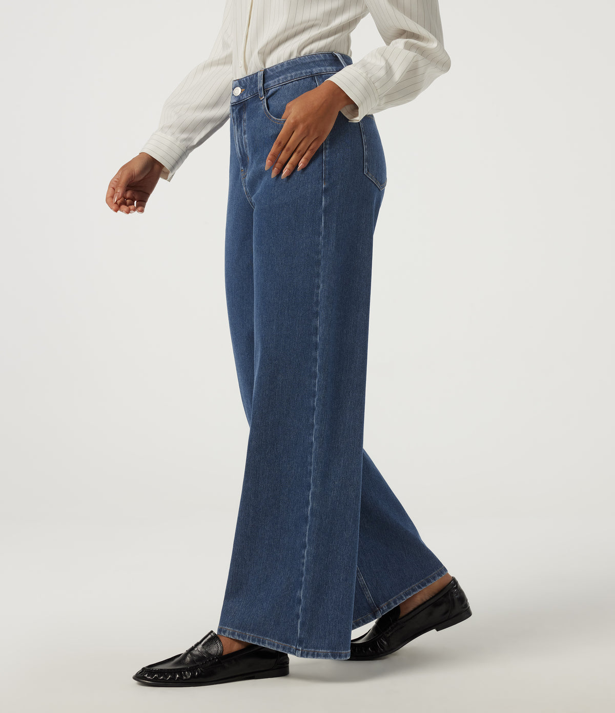 High Waisted Wide Leg Casual Jeans with Pockets — Estate Blue Denim — view 3