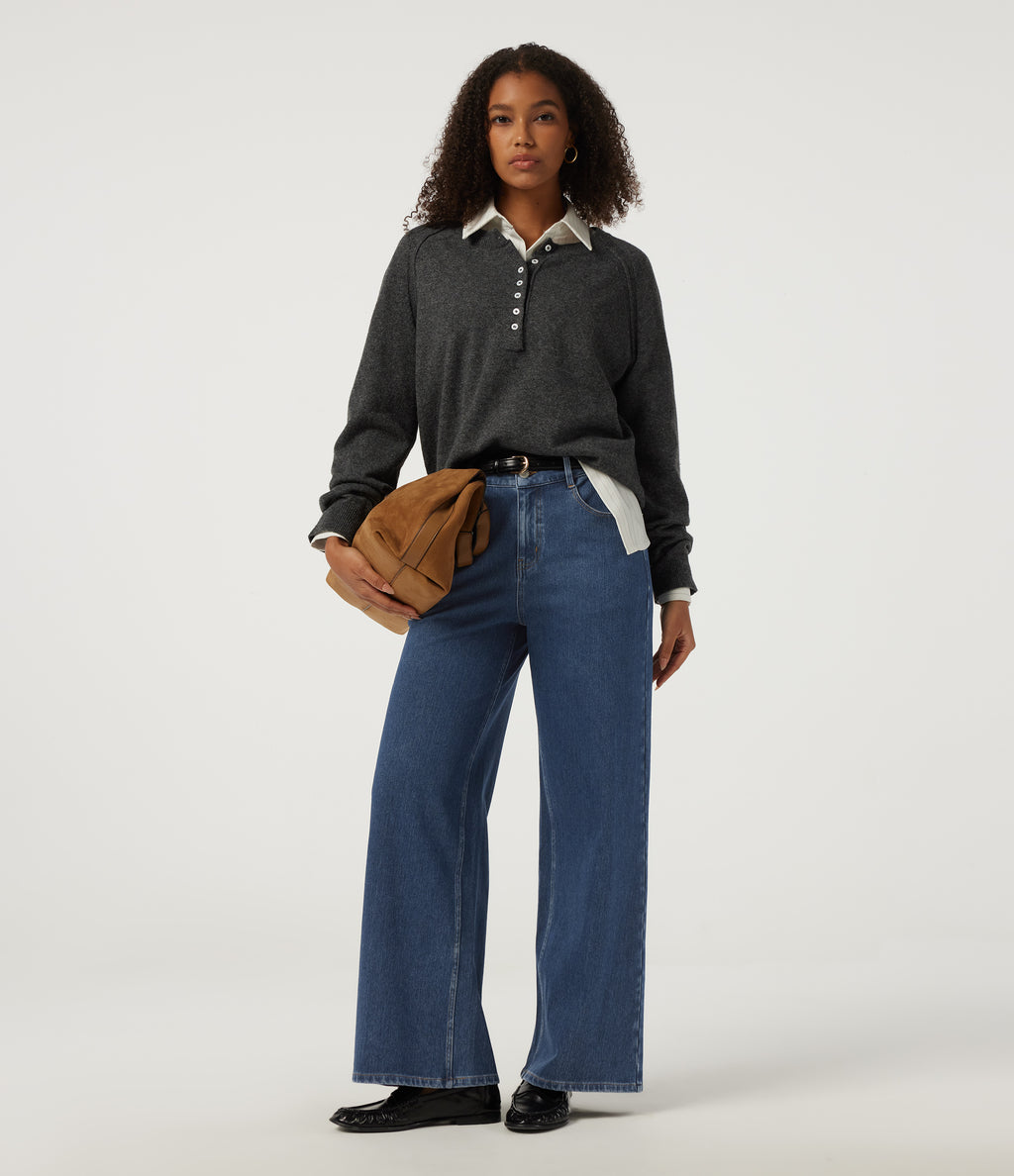 High Waisted Wide Leg Casual Jeans with Pockets — Estate Blue Denim — view 7