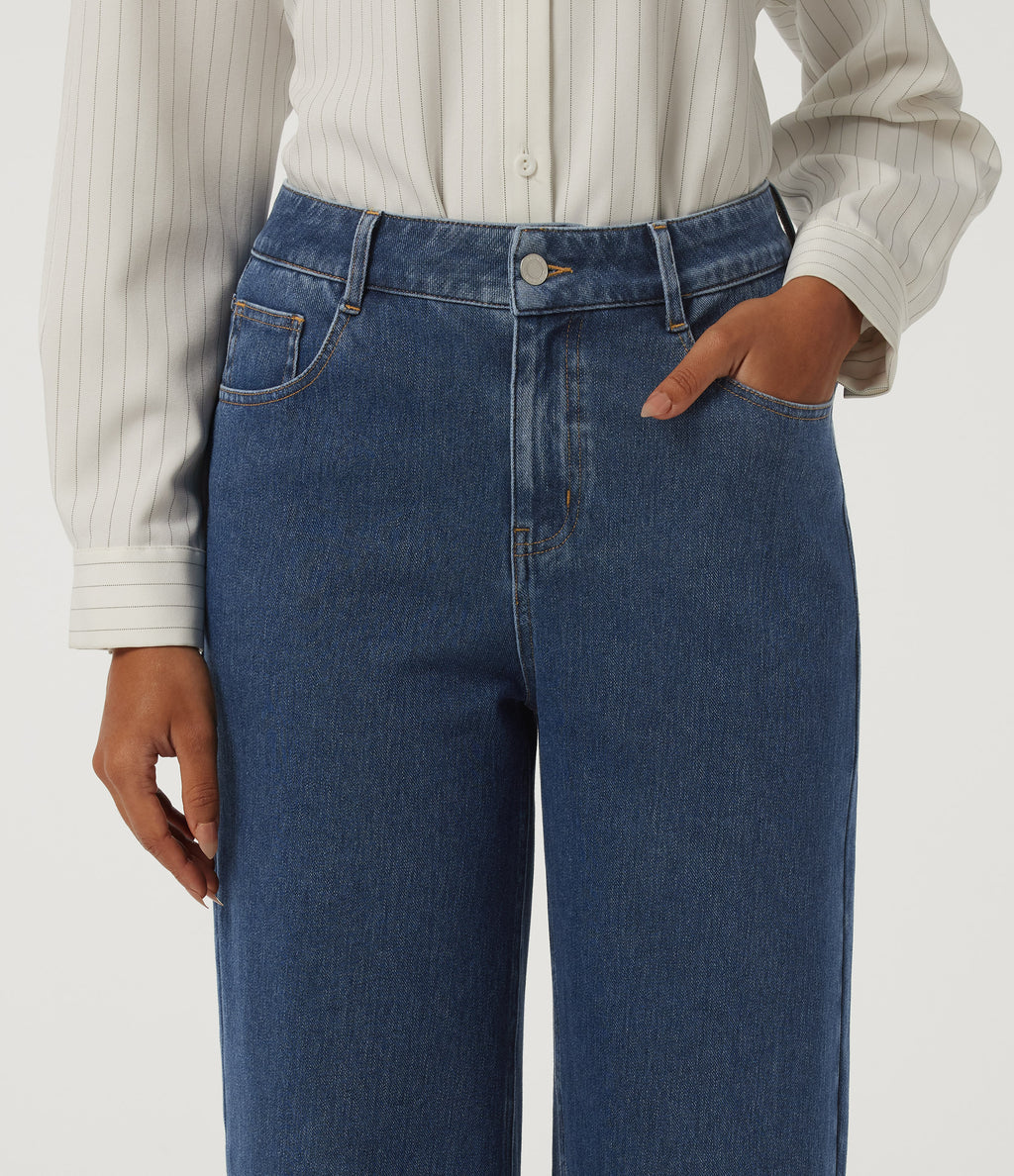 High Waisted Wide Leg Casual Jeans with Pockets — Estate Blue Denim — view 4